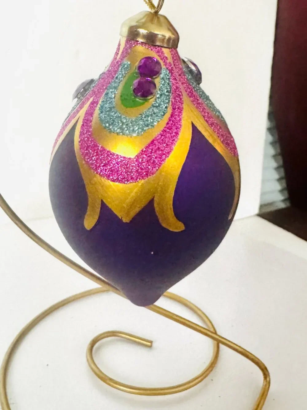 5 Peacock Feather Christmas Tree Ornaments Purple Teal Gold Glittered Gemstone